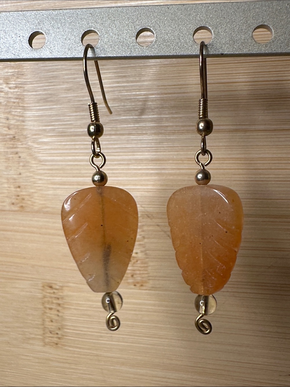 Carnelian Carved Leaf Leaf Drop Earrings with Gold tone and Gold Balls